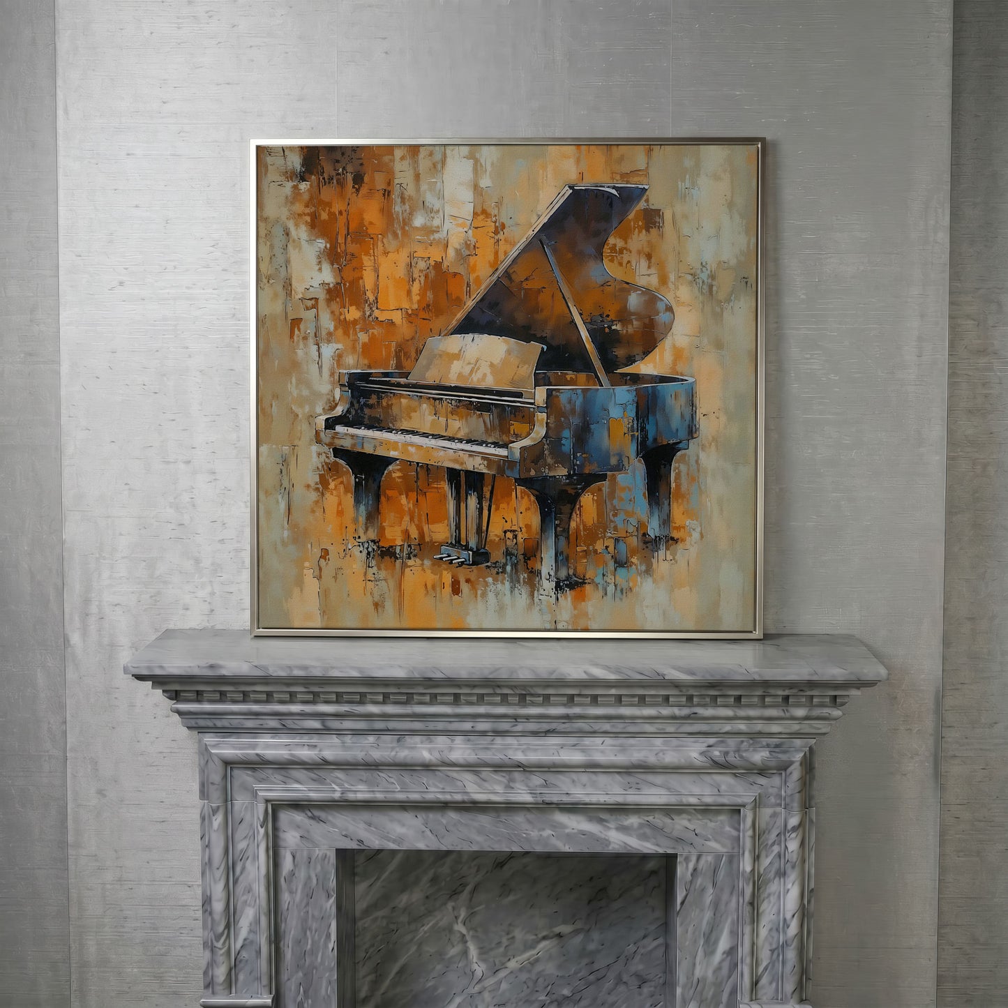Grand Piano Canvas in Brown and Orange in silver floating frame