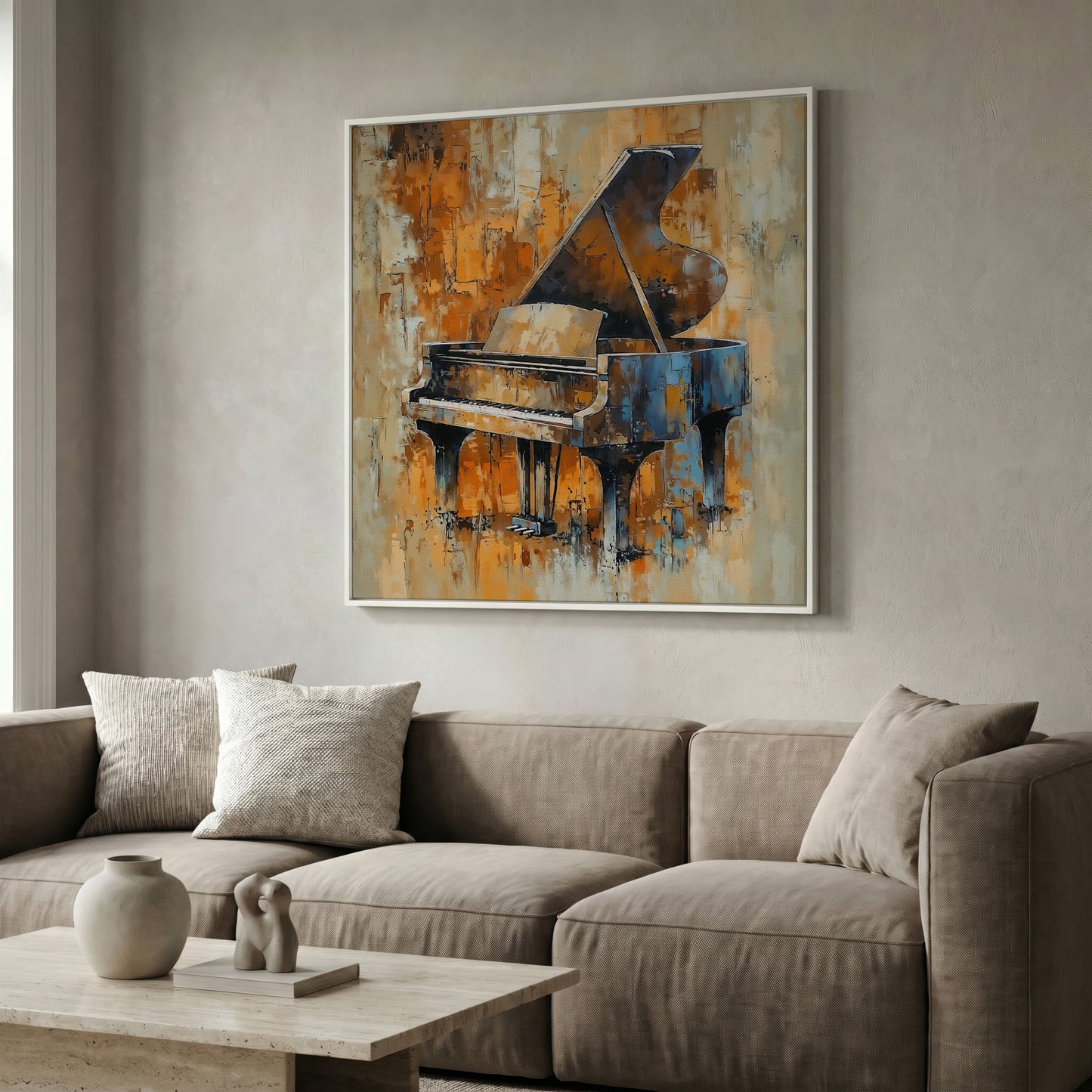Grand Piano Canvas in Brown and Orange in white floating frame