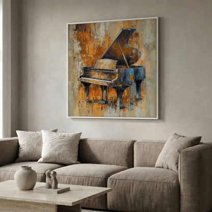 Grand Piano Canvas in Brown and Orange in white floating frame