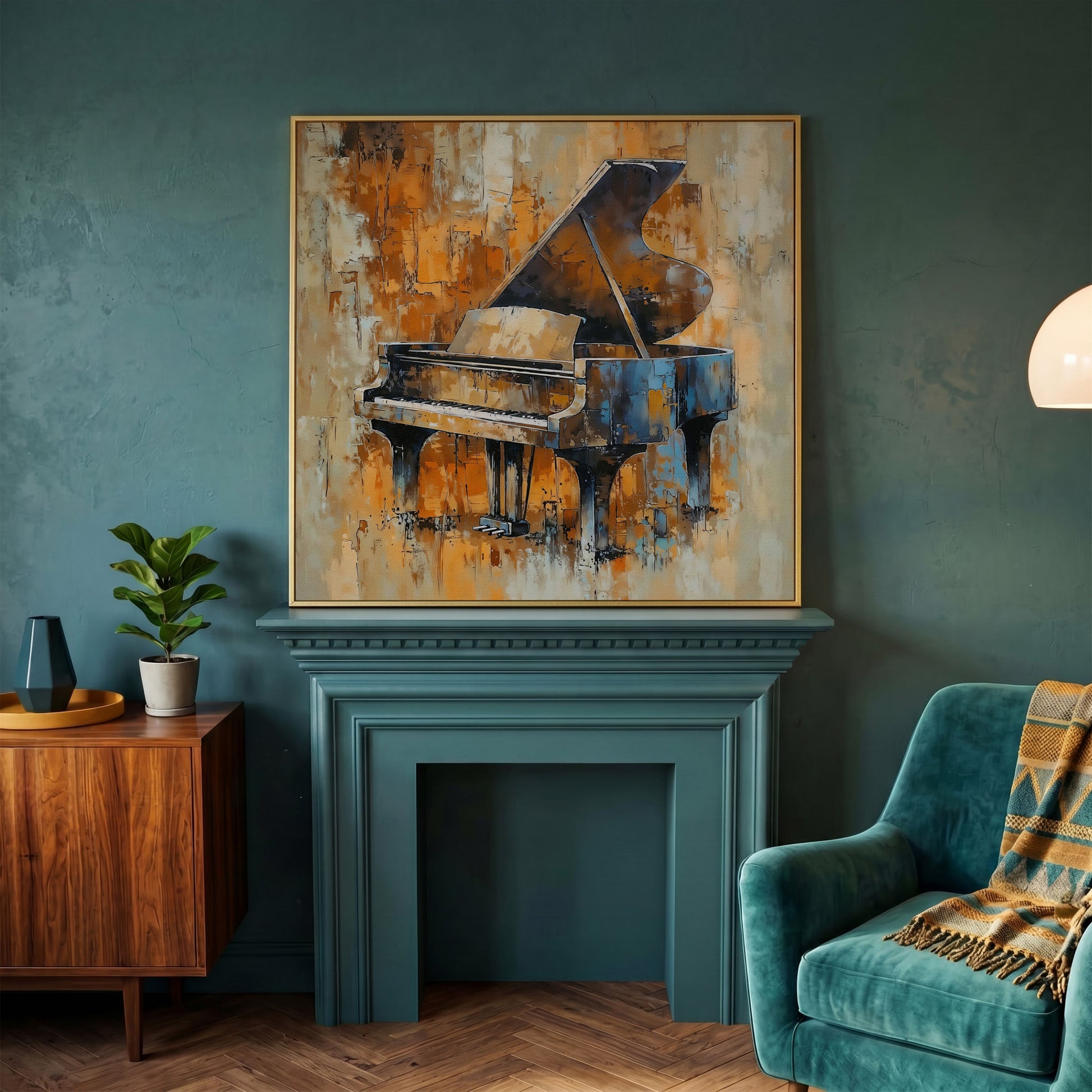 Grand Piano Canvas in Brown and Orange in yellow gold floating frame
