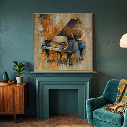 Grand Piano Canvas in Brown and Orange in yellow gold floating frame