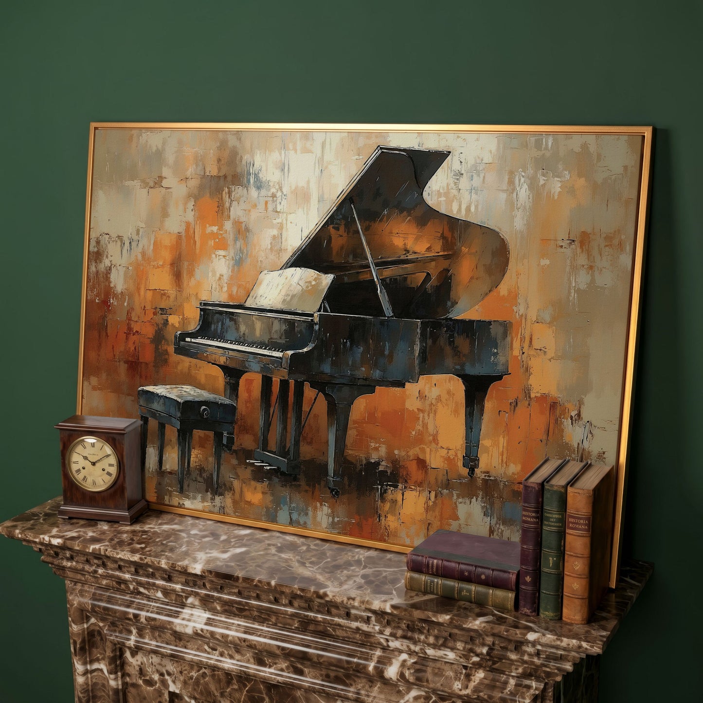 Grand Piano in Charcoal and Sienna Canvas in antique gold floating frame