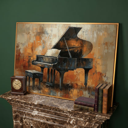 Grand Piano in Charcoal and Sienna Canvas in antique gold floating frame