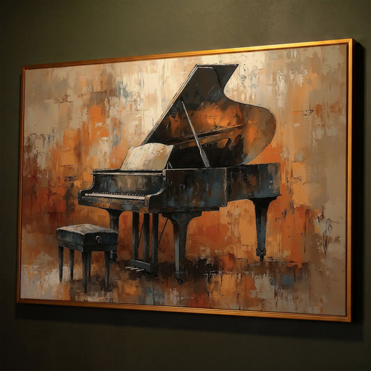 Grand Piano in Charcoal and Sienna Canvas shown in antique gold floating frame