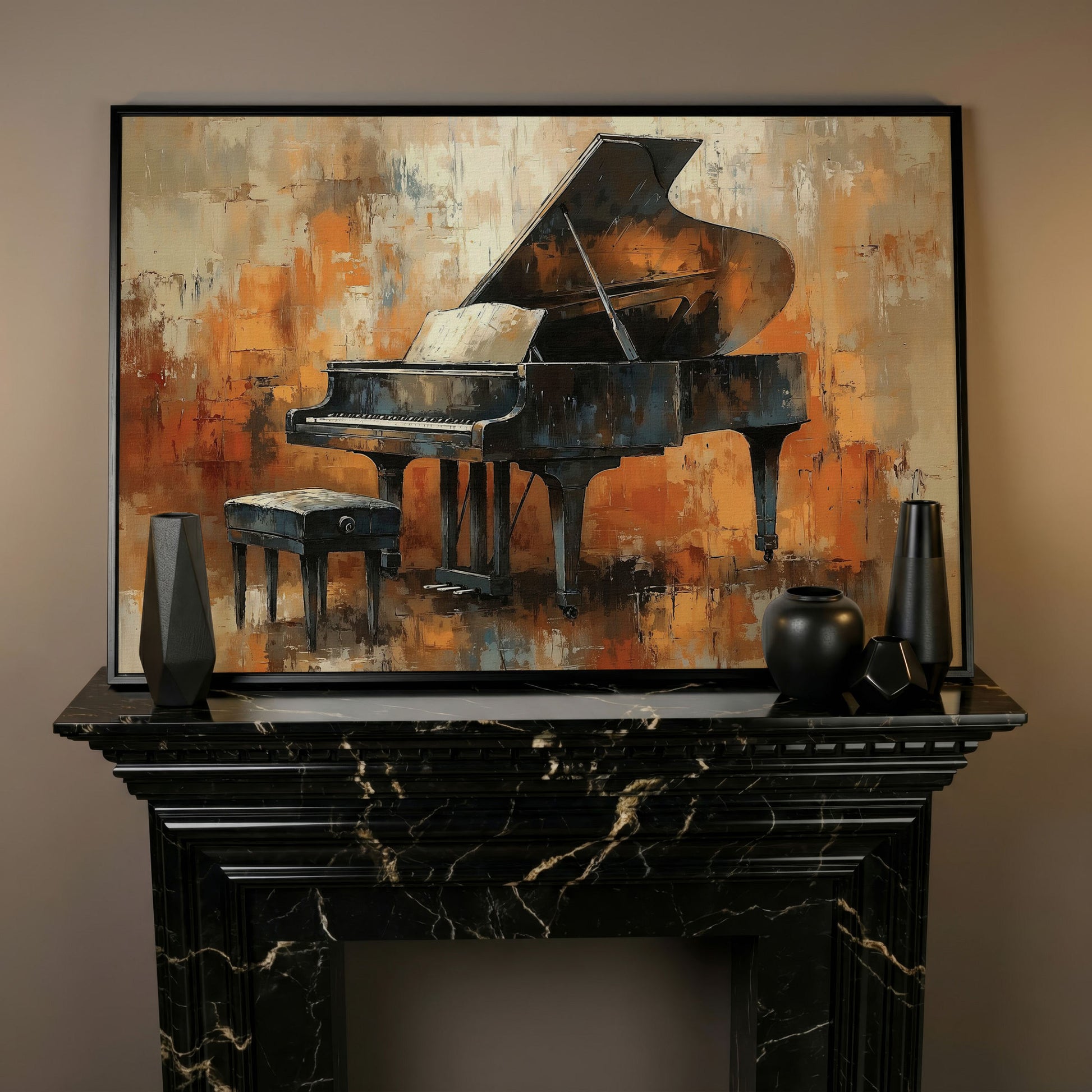 Grand Piano in Charcoal and Sienna Canvas in black floating frame