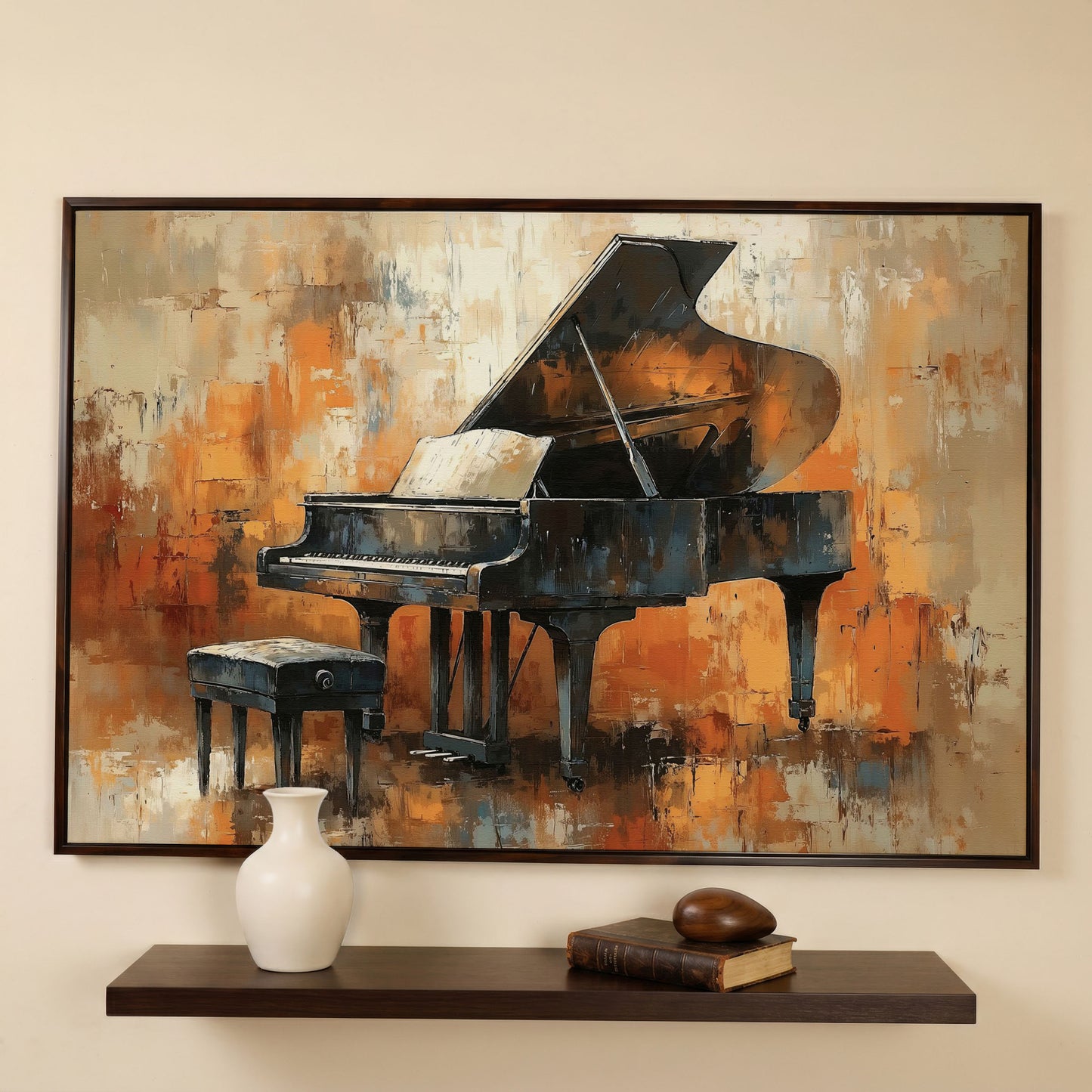 Grand Piano in Charcoal and Sienna Canvas in dark walnut floating frame