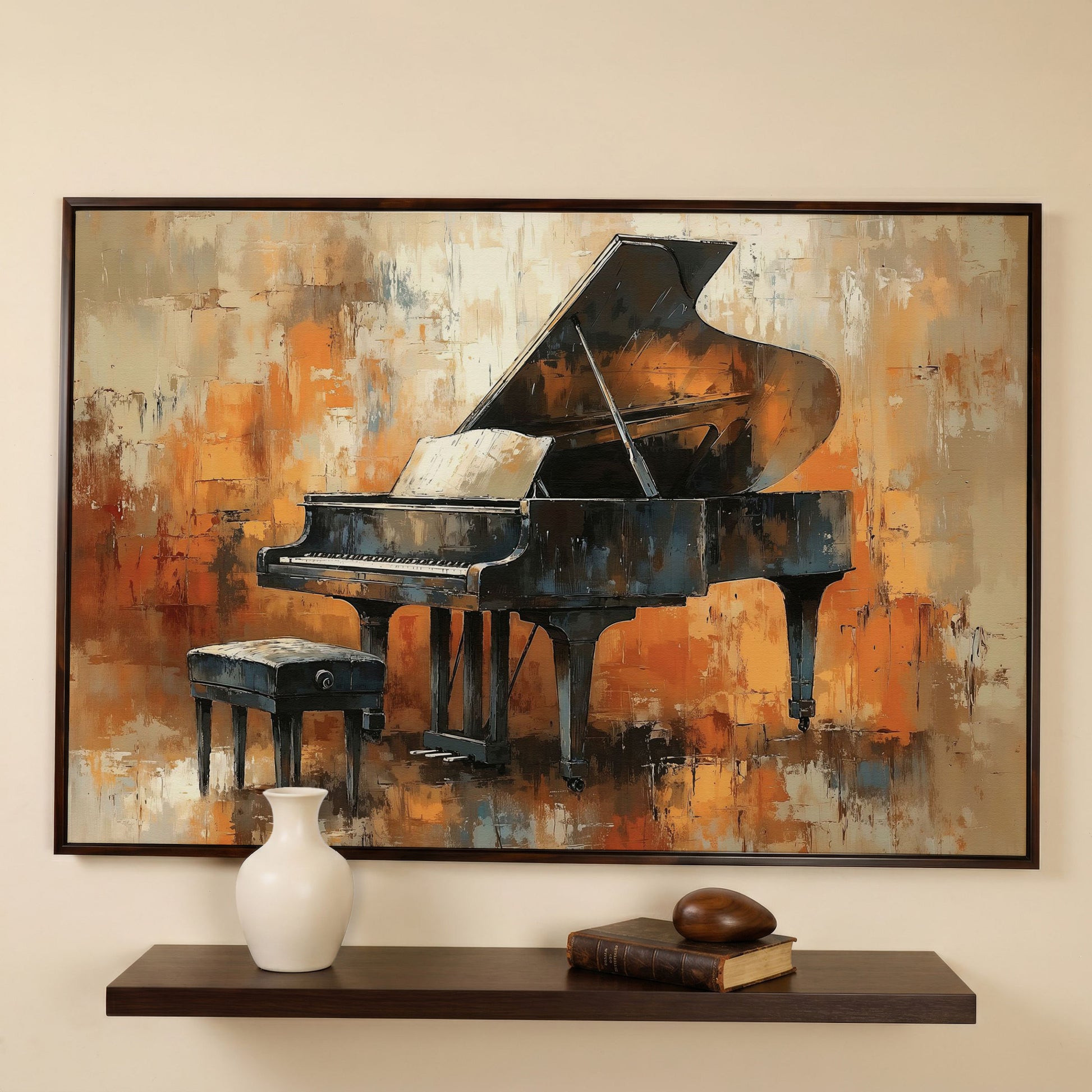 Grand Piano in Charcoal and Sienna Canvas in dark walnut floating frame