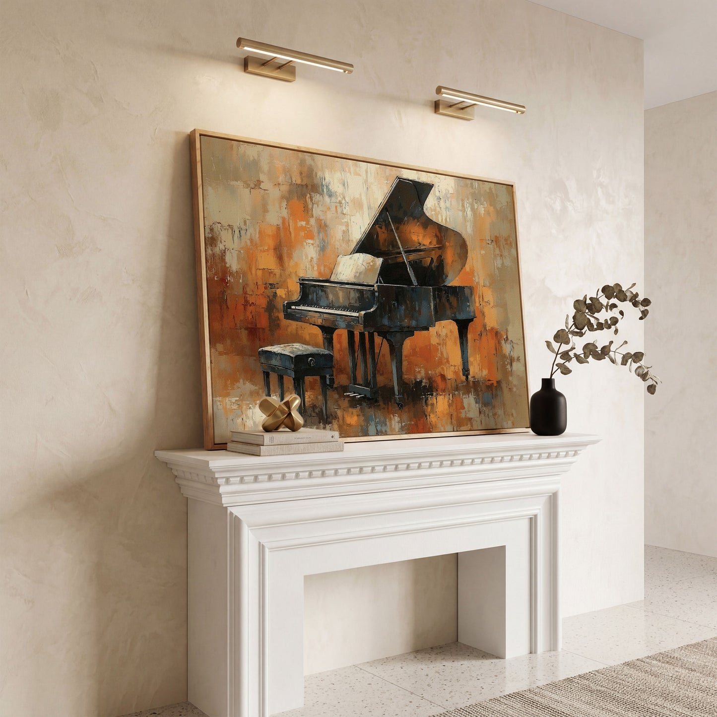 Grand Piano in Charcoal and Sienna Canvas in white oak floating frame