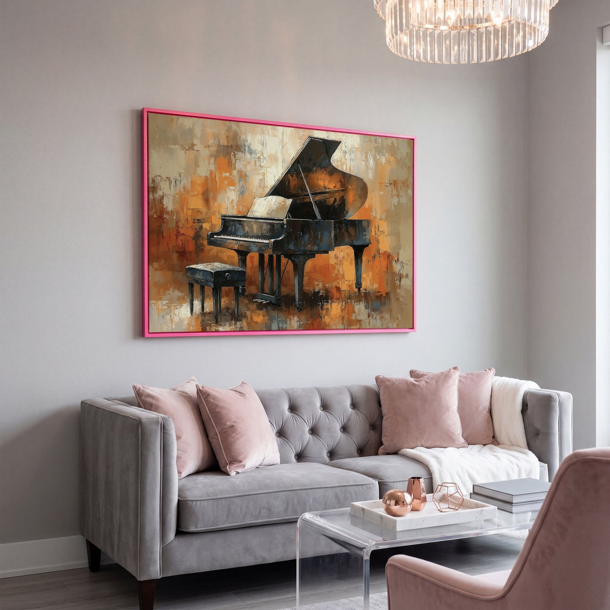 Grand Piano in Charcoal and Sienna Canvas in pink floating frame