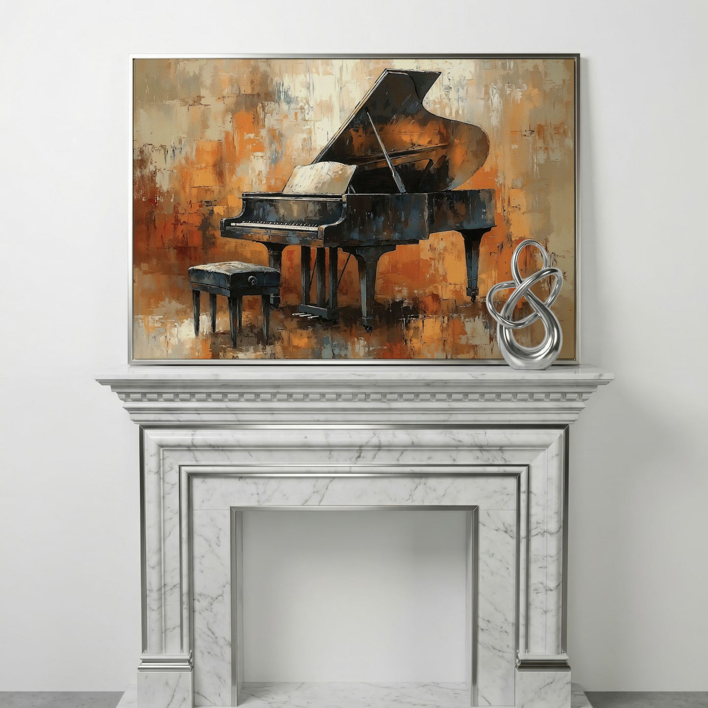 Grand Piano in Charcoal and Sienna Canvas in silver floating frame