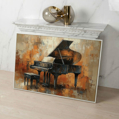 Grand Piano in Charcoal and Sienna Canvas in white floating frame
