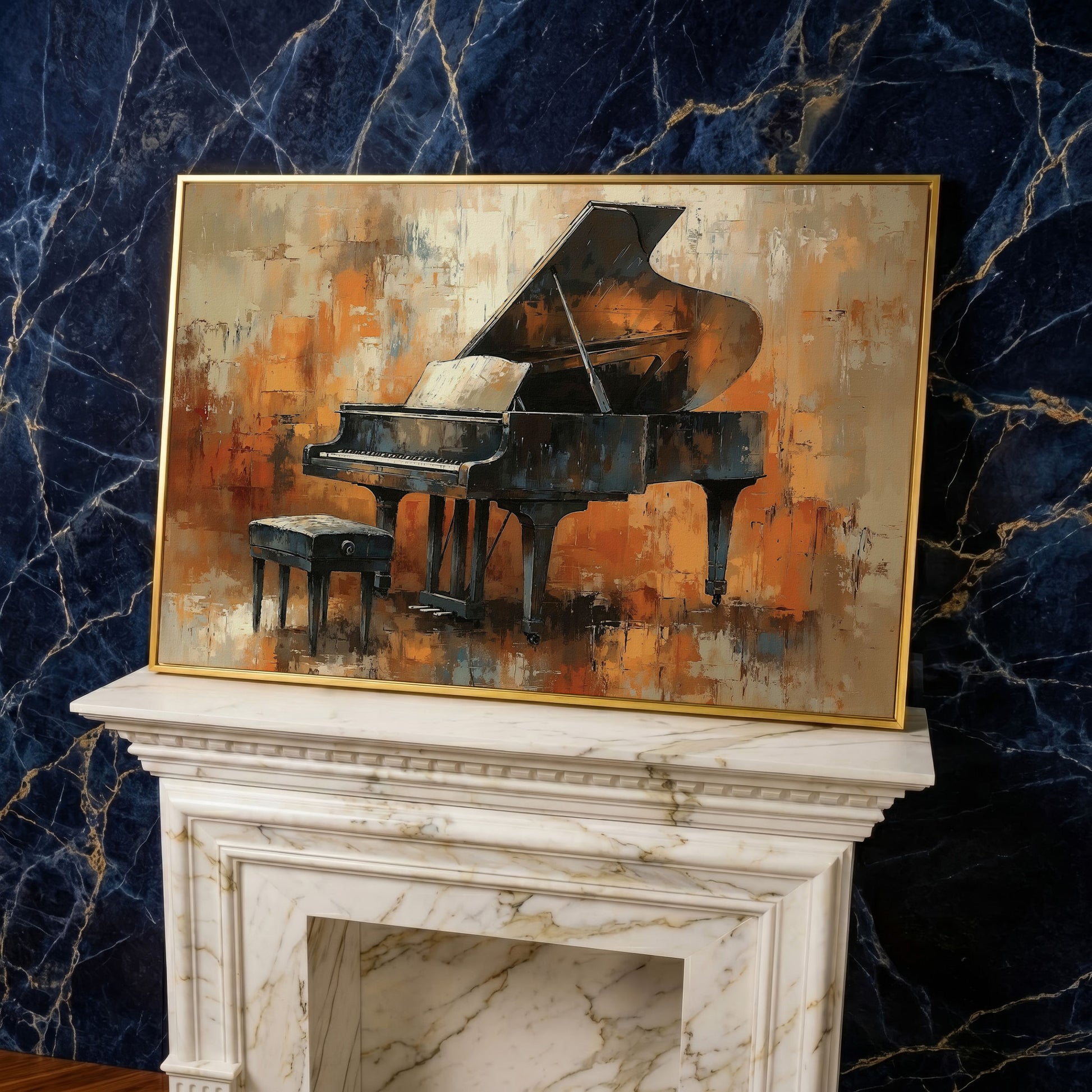 Grand Piano in Charcoal and Sienna Canvas in yellow gold floating frame
