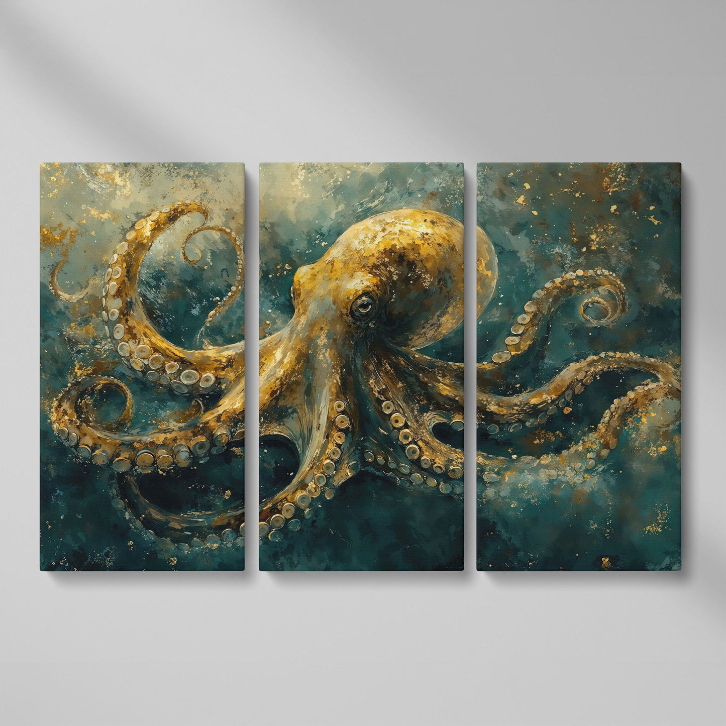 Golden Octopus Canvas Wall Art in Teal and Gold as 3-panel split version