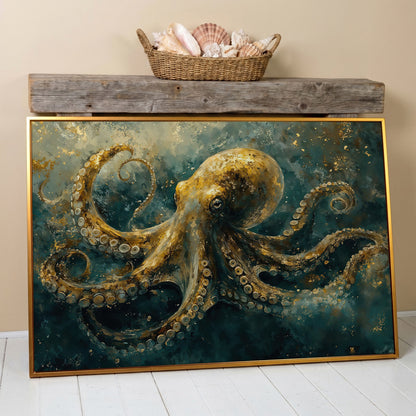 Golden Octopus Canvas Wall Art in Teal and Gold in antique gold floating frame