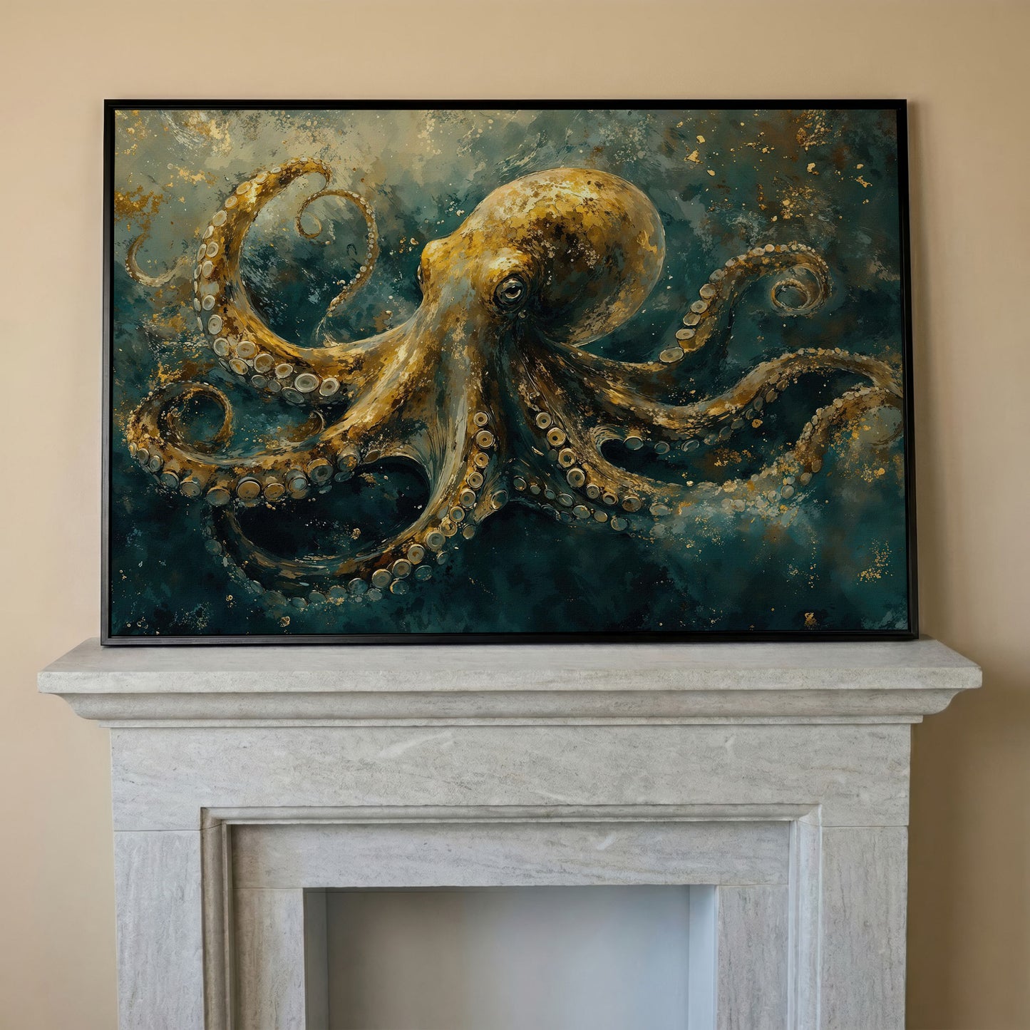 Golden Octopus Canvas Wall Art in Teal and Gold in black floating frame