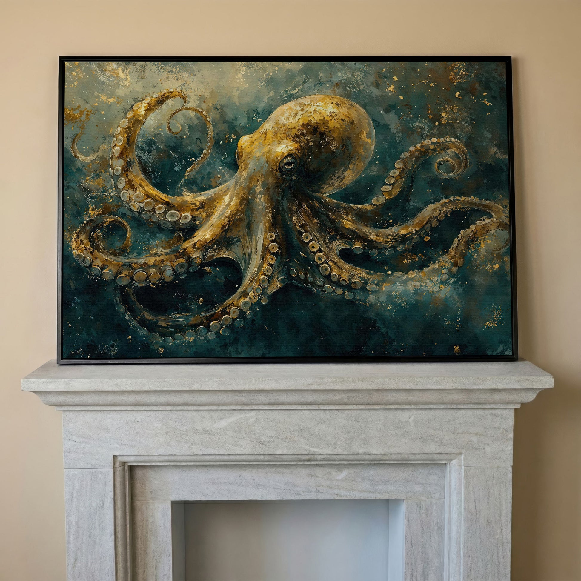 Golden Octopus Canvas Wall Art in Teal and Gold in black floating frame