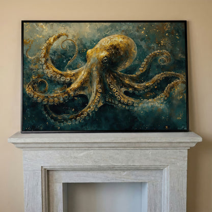 Golden Octopus Canvas Wall Art in Teal and Gold in black floating frame