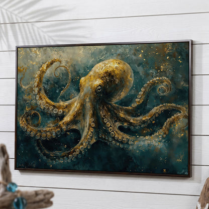 Golden Octopus Canvas Wall Art in Teal and Gold in dark walnut floating frame