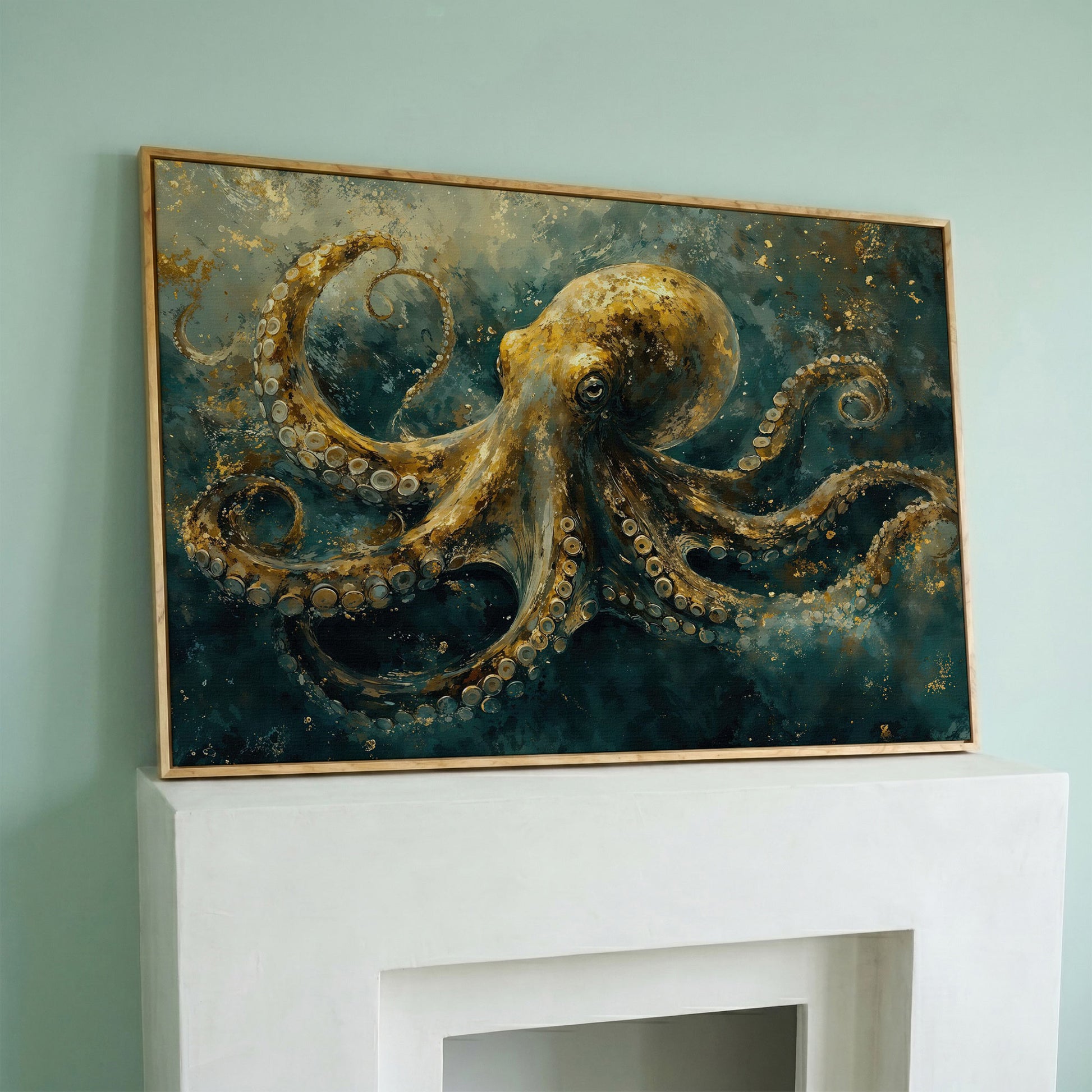 Golden Octopus Canvas Wall Art in Teal and Gold in white oak floating frame