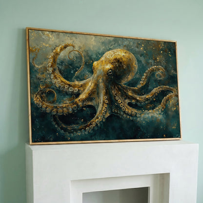 Golden Octopus Canvas Wall Art in Teal and Gold in white oak floating frame