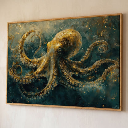 Golden Octopus Canvas Wall Art in Teal and Gold shown in white oak floating frame