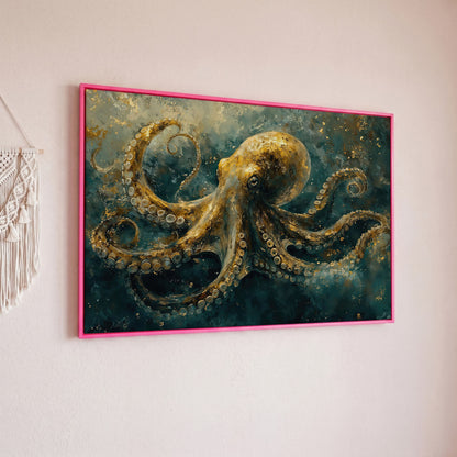 Golden Octopus Canvas Wall Art in Teal and Gold in pink floating frame