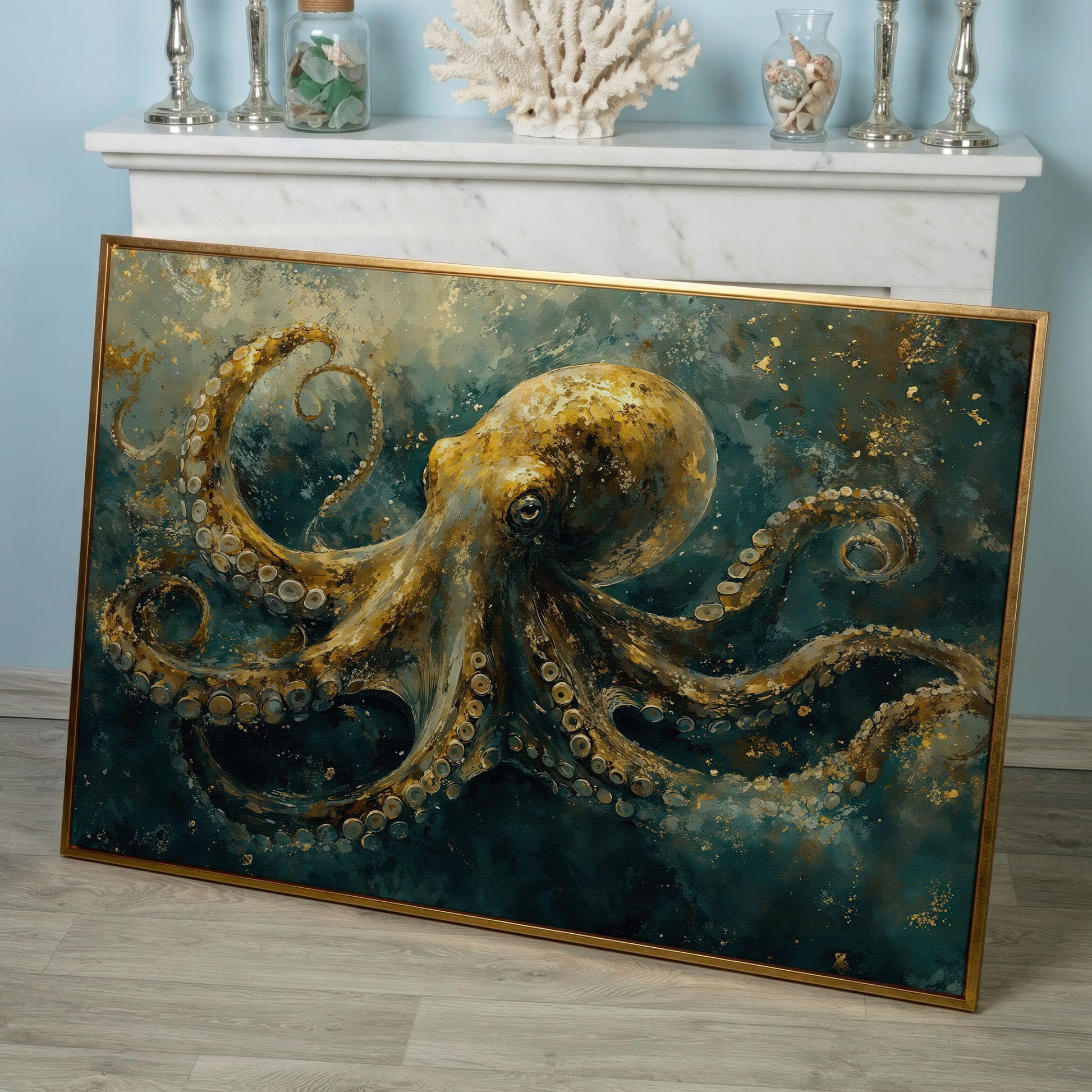 Golden Octopus Canvas Wall Art in Teal and Gold in rose gold floating frame