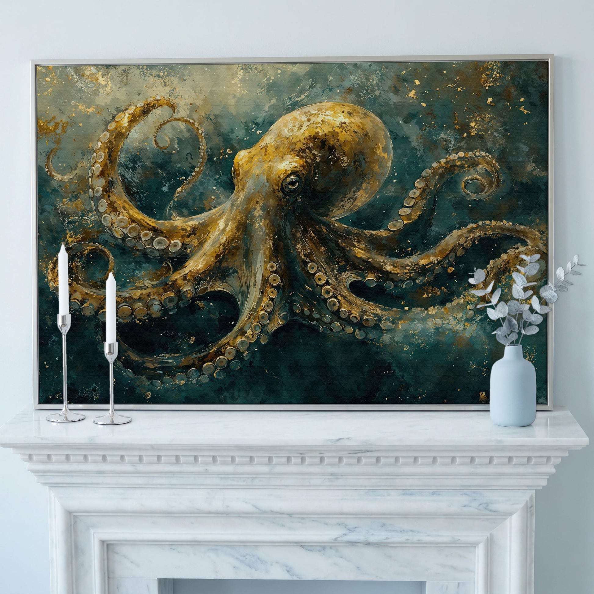 Golden Octopus Canvas Wall Art in Teal and Gold in silver floating frame