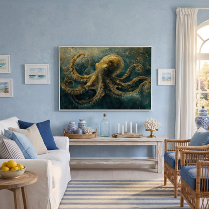 Golden Octopus Canvas Wall Art in Teal and Gold in white floating frame