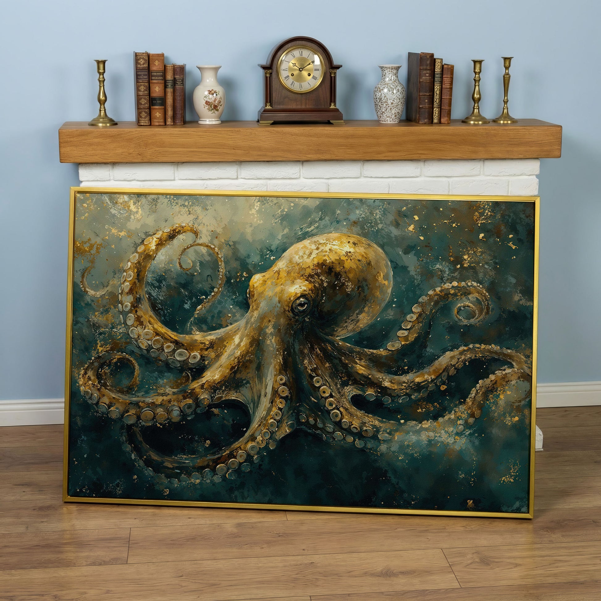 Golden Octopus Canvas Wall Art in Teal and Gold in yellow gold floating frame