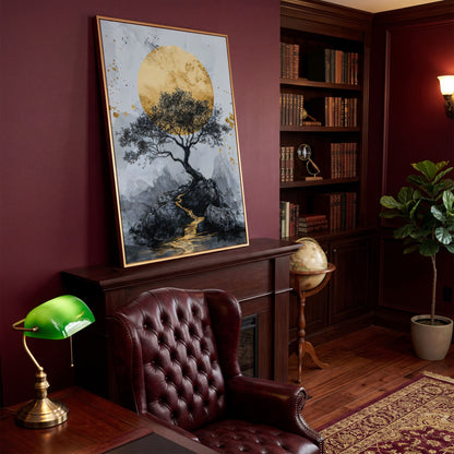 Bonsai Tree and Golden Moon Canvas Print in antique gold floating frame