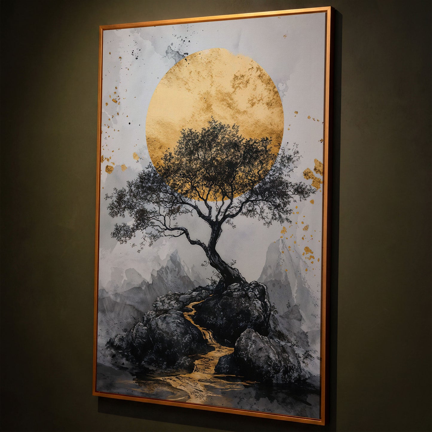 Bonsai Tree and Golden Moon Canvas Print shown in antique gold floating frame
