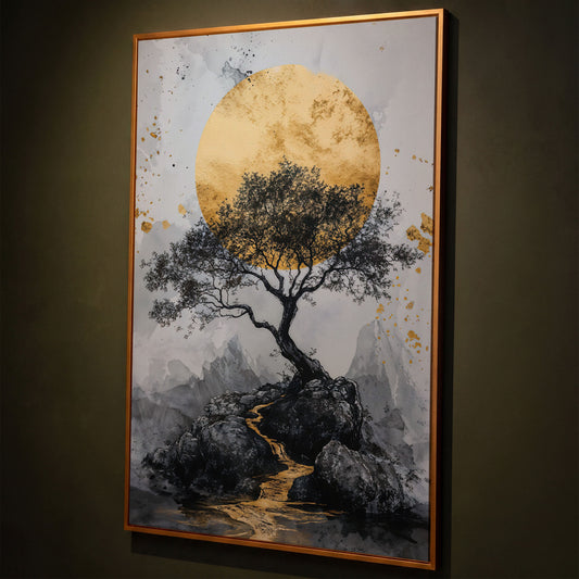 Bonsai Tree and Golden Moon Canvas Print shown in antique gold floating frame
