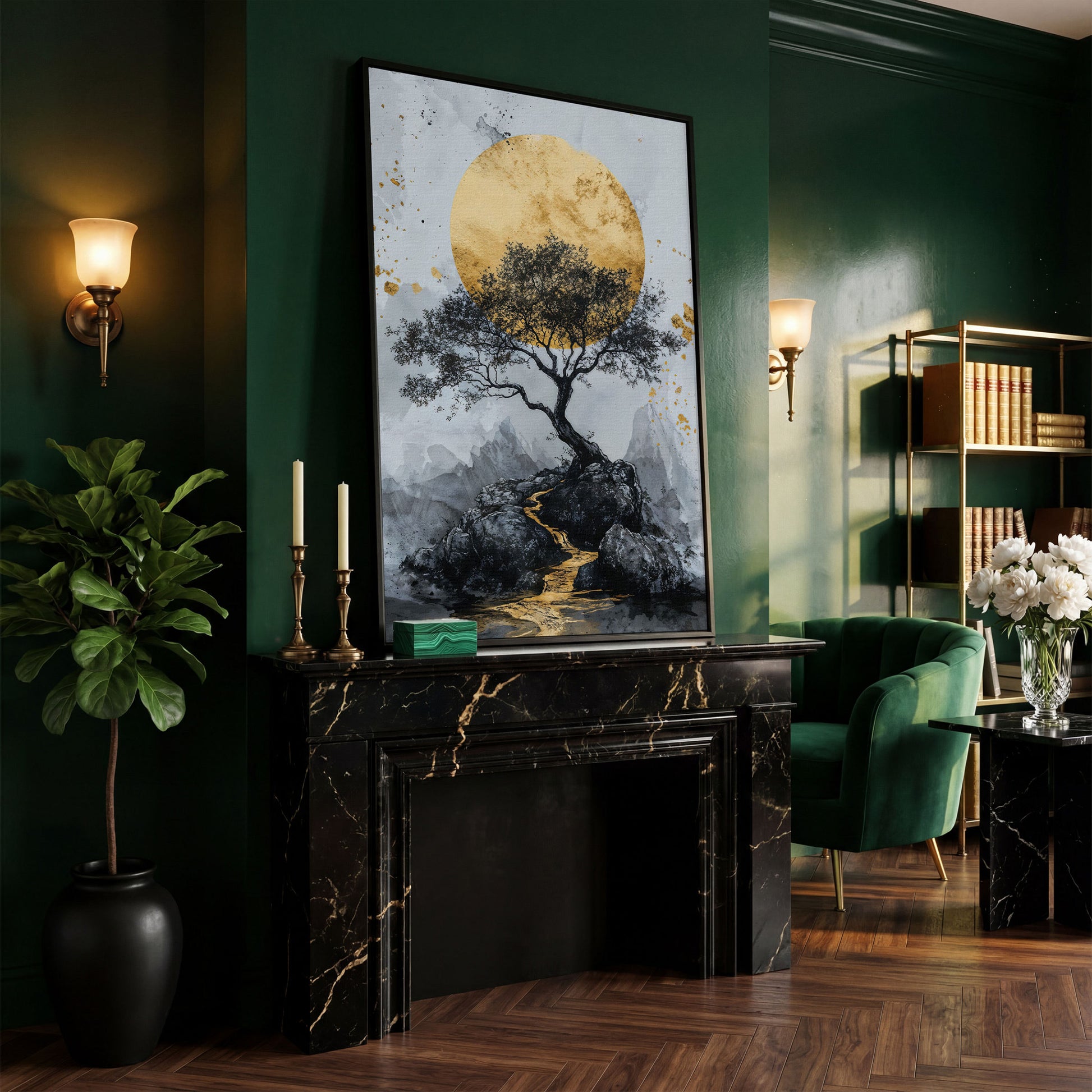 Bonsai Tree and Golden Moon Canvas Print in black floating frame