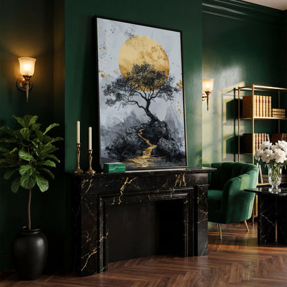 Bonsai Tree and Golden Moon Canvas Print in black floating frame