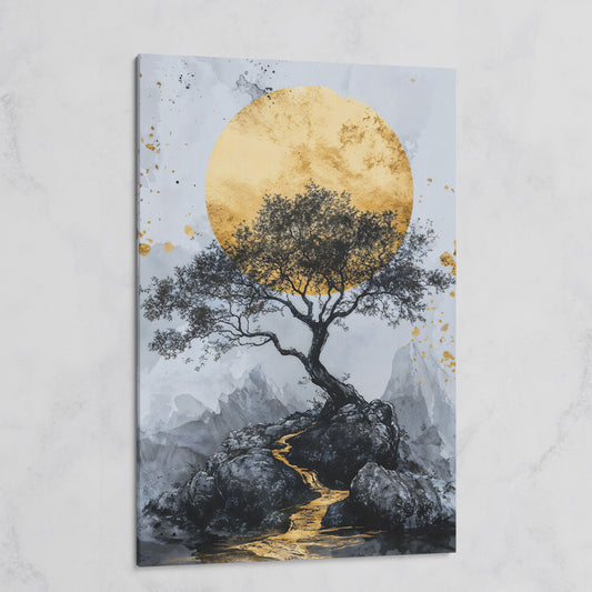 Bonsai Tree and Golden Moon Canvas Print on gallery wrap