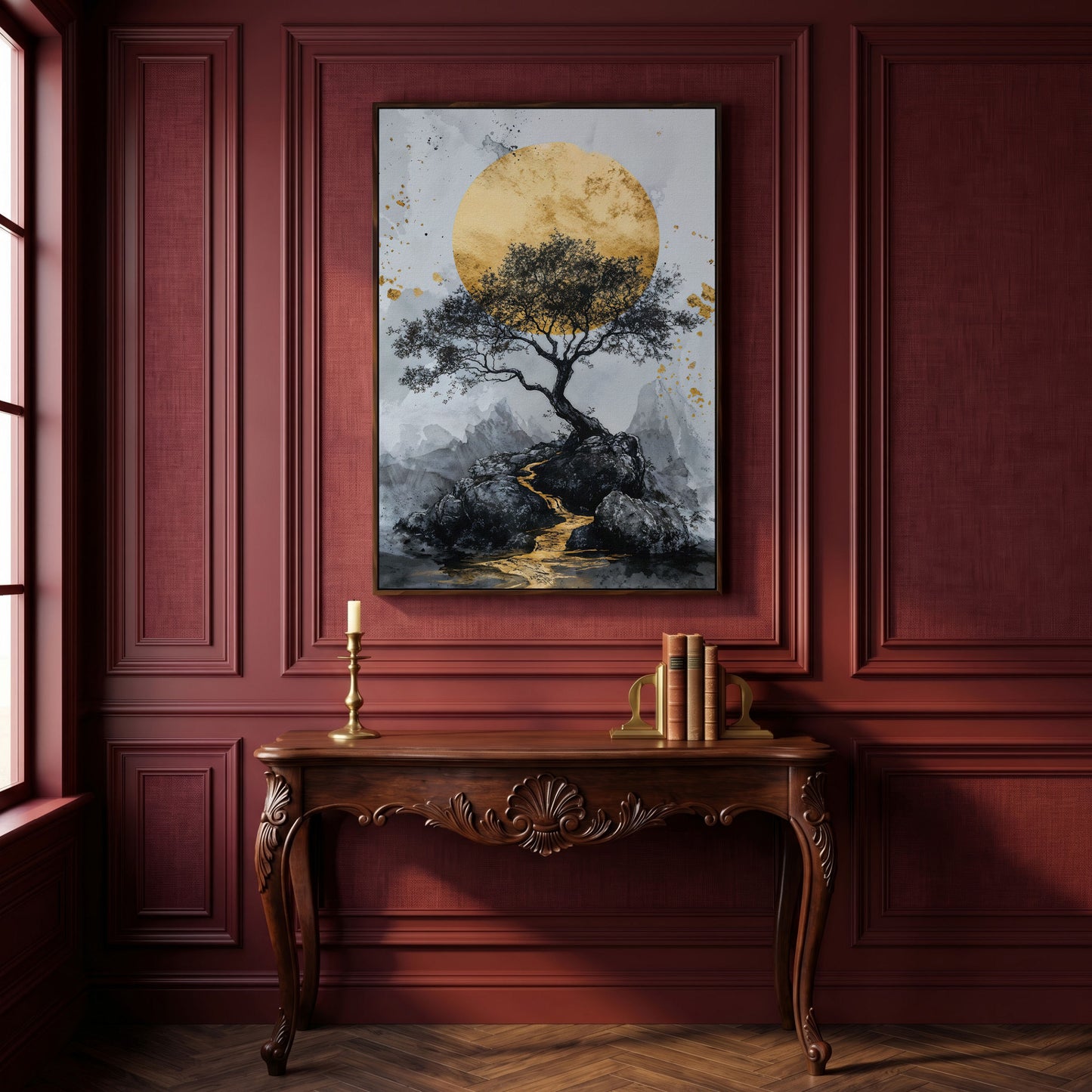 Bonsai Tree and Golden Moon Canvas Print in dark walnut floating frame