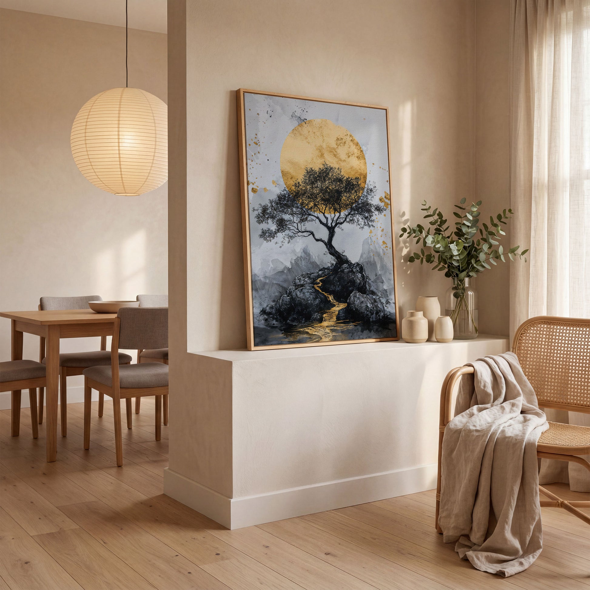 Bonsai Tree and Golden Moon Canvas Print in white oak floating frame