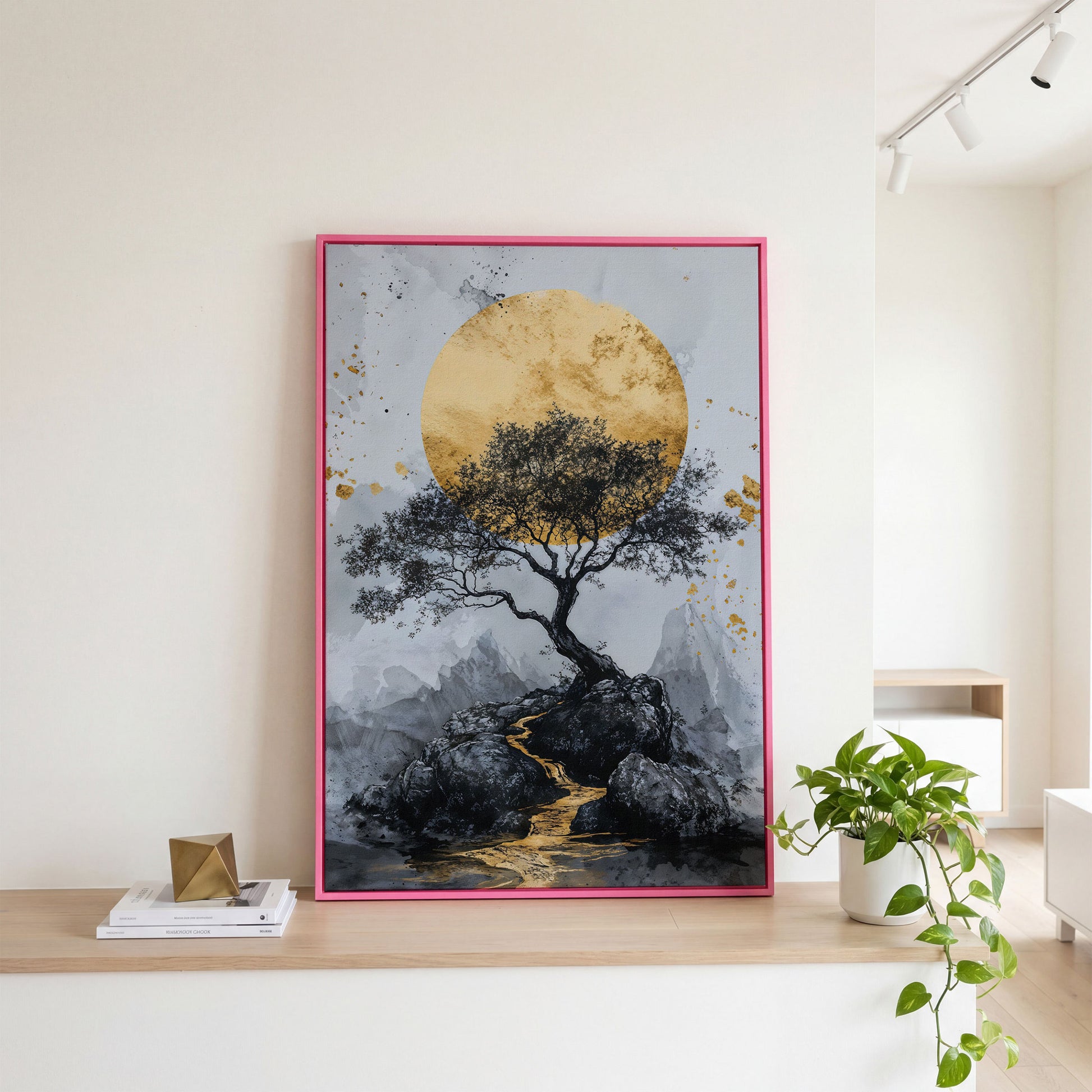 Bonsai Tree and Golden Moon Canvas Print in pink floating frame