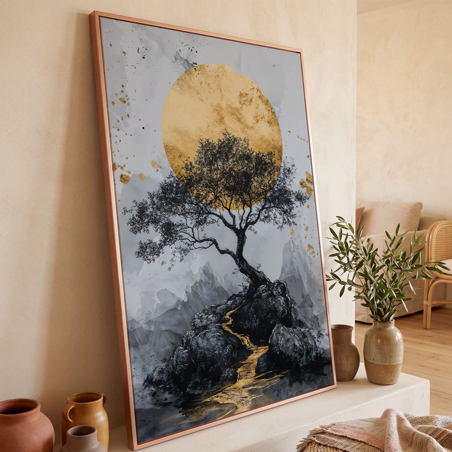 Bonsai Tree and Golden Moon Canvas Print in rose gold floating frame