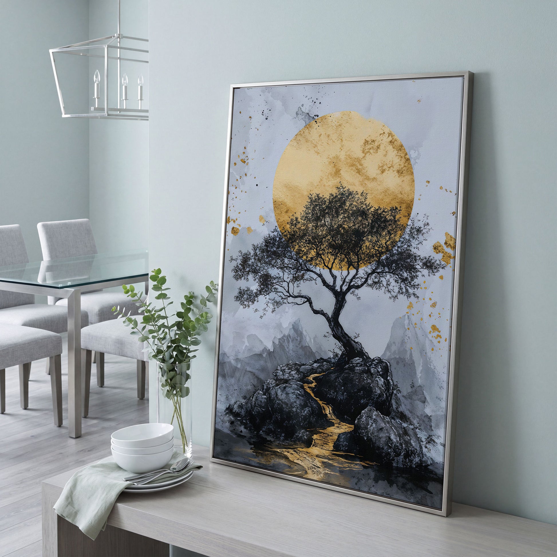 Bonsai Tree and Golden Moon Canvas Print in silver floating frame