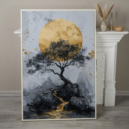 Bonsai Tree and Golden Moon Canvas Print in white floating frame