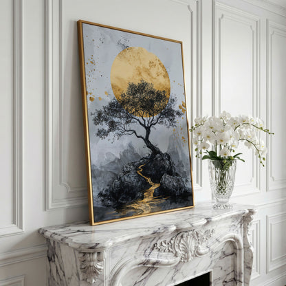 Bonsai Tree and Golden Moon Canvas Print in yellow gold floating frame