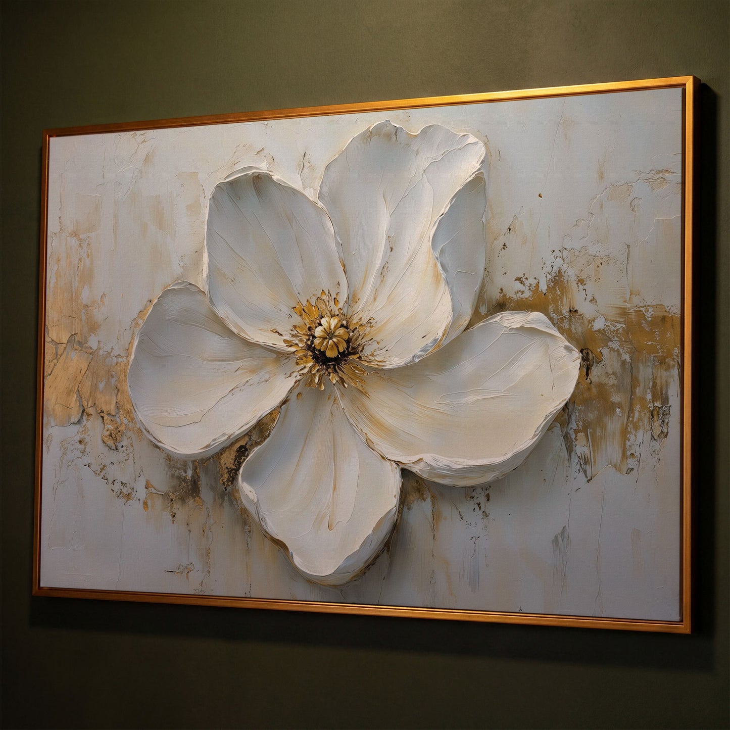 Magnolia with Gold Accents Canvas Print shown in antique gold floating frame
