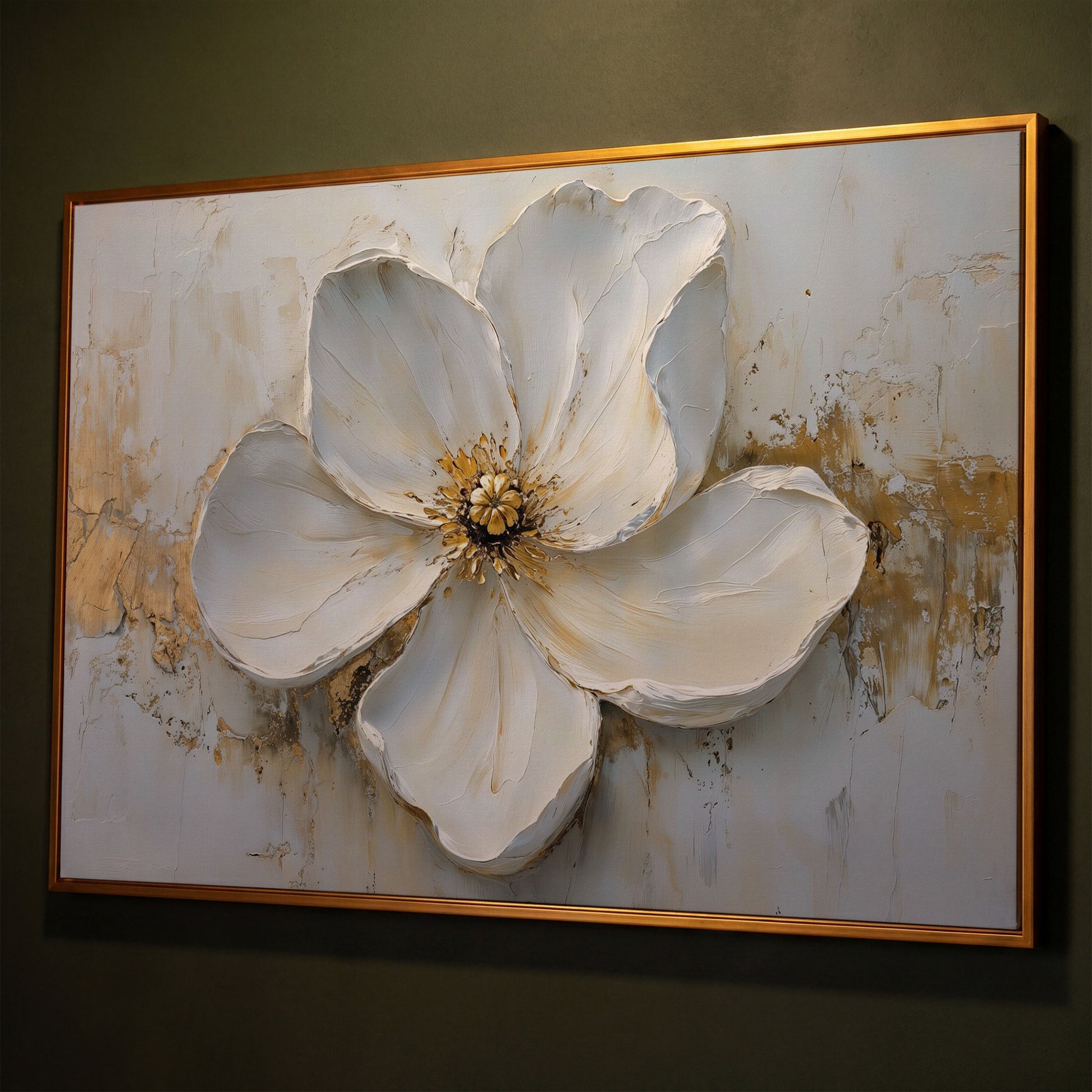 Magnolia with Gold Accents Canvas Print shown in antique gold floating frame