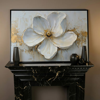 Magnolia with Gold Accents Canvas Print in black floating frame