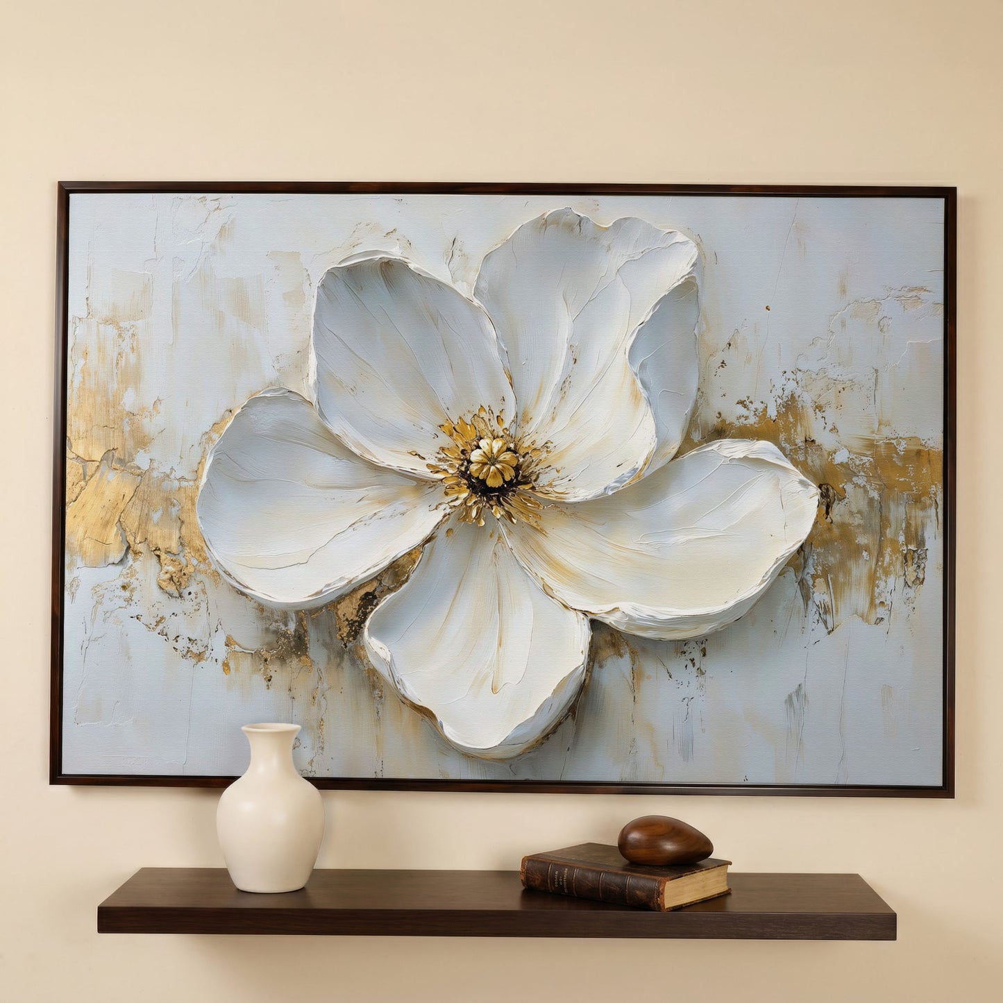 Magnolia with Gold Accents Canvas Print in dark walnut floating frame