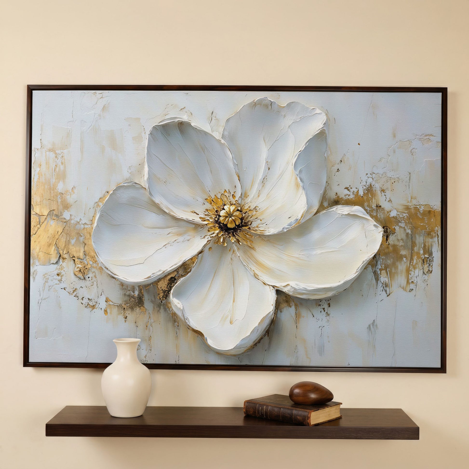 Magnolia with Gold Accents Canvas Print in dark walnut floating frame