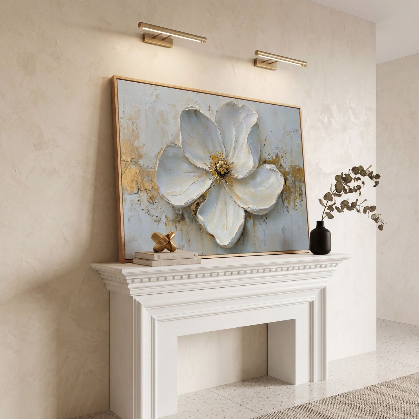 Magnolia with Gold Accents Canvas Print in white oak floating frame