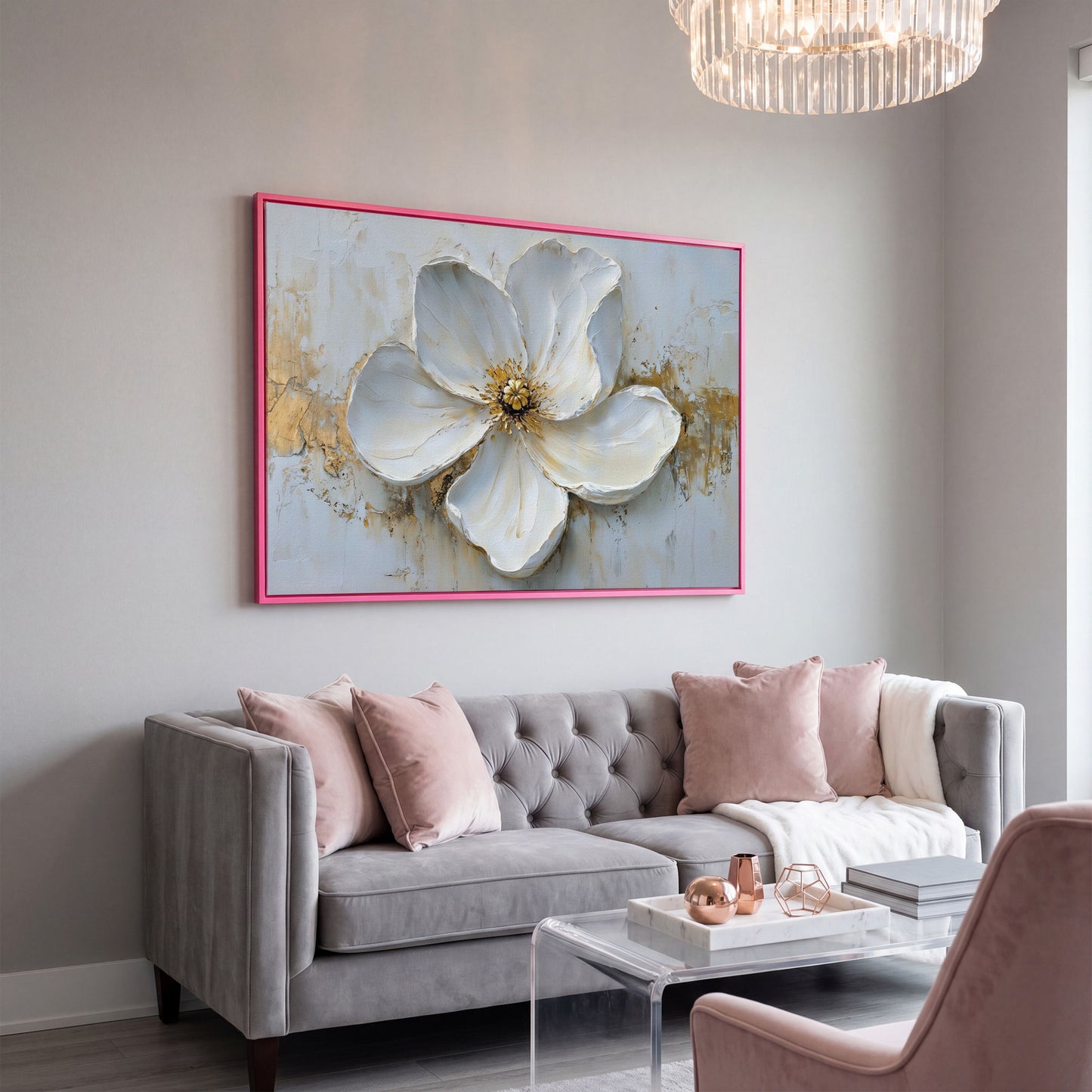 Magnolia with Gold Accents Canvas Print in pink floating frame